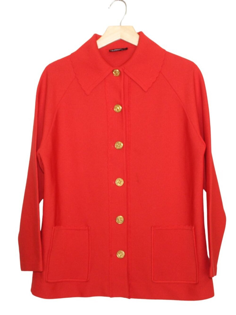 Vintage 60s 70s women's cardigan sweater red gold buttons scalloped collar knit